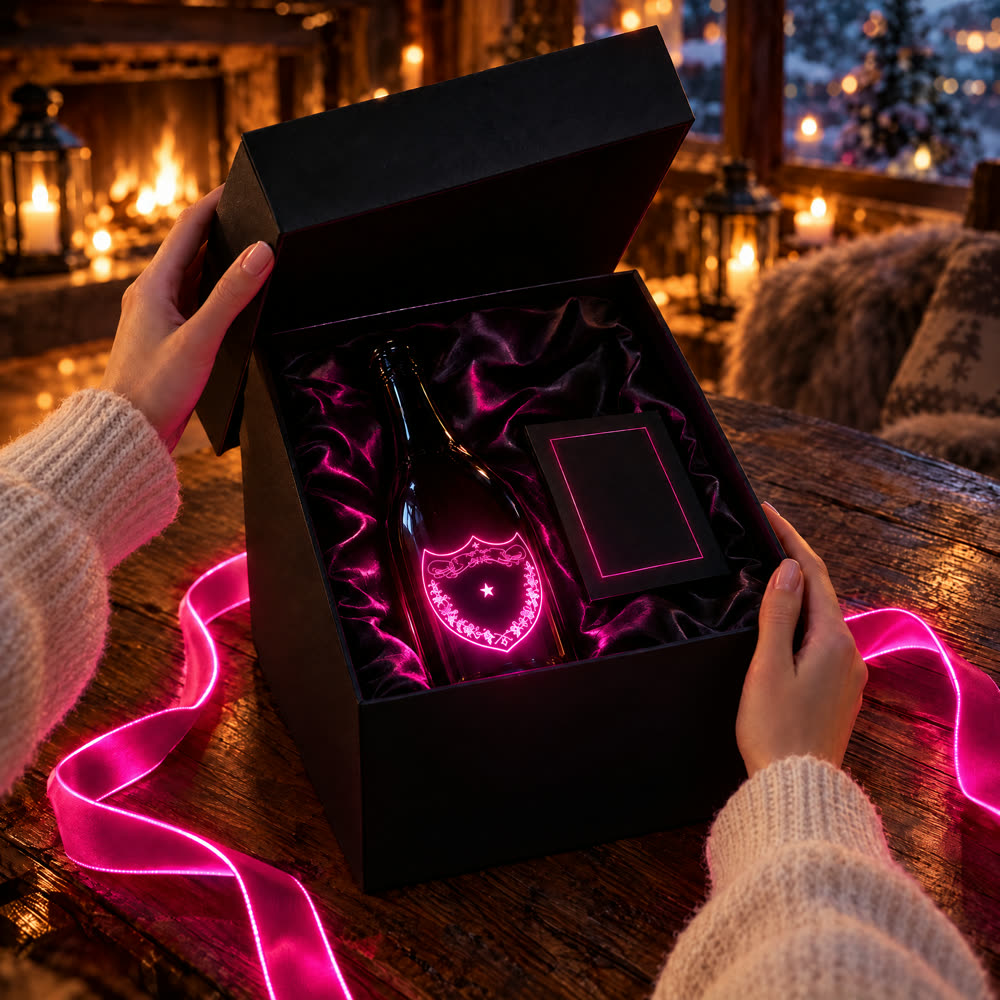 Coffret ÜberPuff ouvert, bouteille illuminée